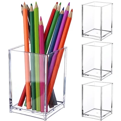 Immagine di 4 portapenne in acrilico, quadrato, organizer trasparente, per pennelli da trucco, scuola, casa, ufficio, accessori scrivania
