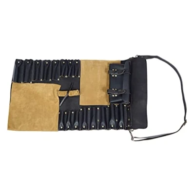 Immagine di rotolo di coltello in vera pelle, da cuoco, custodia per coltelli, porta borsa coltelli regalo chef (nero)