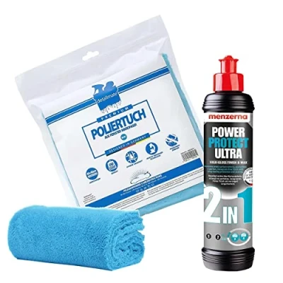 Immagine di detailmate Set di lucidatura per la Cura Auto Car Care: Menzerna 2in1: lucido polish+ sigillante Power Protect Ultra 2 in 1, 250 ml lucentezza brillante + Panno Spesso Microfibra, 40x40cm, 550 GSM
