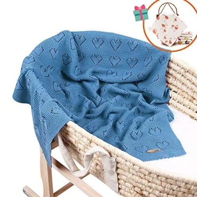 Immagine di Odot Coperta Bimbo in Maglia per Bambino, Cotone Soffice Dormire di Unisex Neonato Morbida Swaddle Perfetta Culla, Carrozzina, Lettino (Blu,100 x 80 cm)