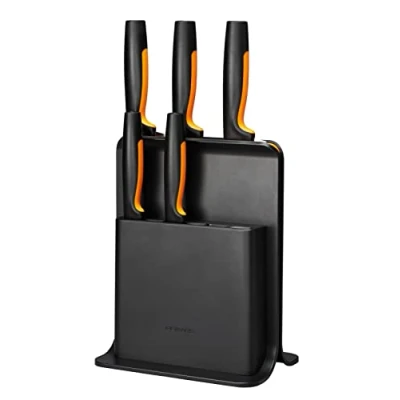 Immagine di Fiskars Ceppo per Coltelli di Design con 5 Coltelli, Functional Form, Incl. Spelucchino, Coltello Pomodoro, Santoku, da Cucina e Pane, Plastica, Nero, 1057554