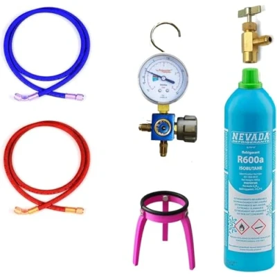 Immagine di M Shop Italia GRUPPO MANOMETRICO SINGOLO CON INDICATORE PASSAGGIO GAS LIQUIDO SCALA SPECIFICA PER R600a BASSA PRESSIONE RICARICA FRIGORIFERI TUBI 1,5MT. RUBINETTO E BOMBOLA