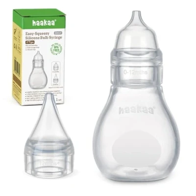 Immagine di haakaa Aspiratore Nasale in Silicone BabyPulitore Naso Sicuro BabySiringa a Bulbo Easy Squeeze, Sbloccatore Baby, 0m+ Neonato, Toddler（1 Testa di Ricambio）. Trasparente