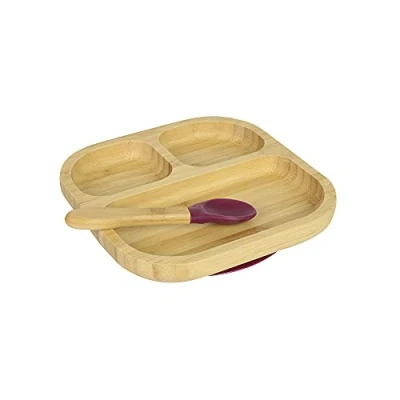 Immagine di BIOZOYG Set con Piatto quadrato di bambù I base a ventosa e cucchiaio certificato FSC ciotola in legno per bambini da merenda Stoviglie rosse