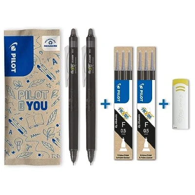 Immagine di Pilot FriXion Point Clicker 0,5, penna roller cancellabile a scomparsa, 2 nere e set di 3 ricariche con gomma, punta fine
