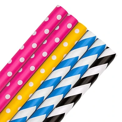 Immagine di Hallmark Rotolo di carta da regalo, confezione 6, 4 colori, rosa, giallo, blu, nero, pois e zig zag, 2 m ciascuno