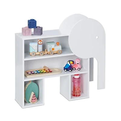 Immagine di Relaxdays Scaffale per Bambini, Libreria Design Elefante, 4 Ripiani, HLP: 60,5x64,5x20,5 cm, Mobile Portagiochi, Bianco, 100% Fibra di Legno