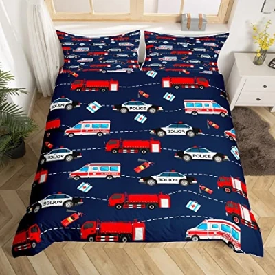 Immagine di set copripiumino per auto con motivo a cartoni animati e polizia di biancheria da letto camion dei pompieri soccorritori emergenza copriletto bambini ragazzi ragazze tag