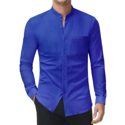 Immagine di DEMEANOR Camicia elasticizzata senza colletto, da uomo, a maniche lunghe, lavoro, slim fit, stiratura, Piccolo blu., M