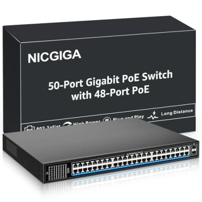 Immagine di Unmanaged 48 port Gigabit PoE Switch with IEEE802.3af/at PoE+@400W ports, 2 x 1G SFP, NICGIGA 50 Power over Ethernet Network Switch, Desktop/Rack Mount