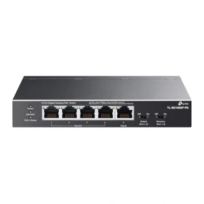 Immagine di TP Link TL SG1005P PD Switch Gigabit Ethernet a 5 porte PoE Passthrough 1 PoE++ In@90W, 4 uscite PoE+ fino 66 W Plug &amp; Play Modalità di estensione QoS, IGMP, ripristino automatico