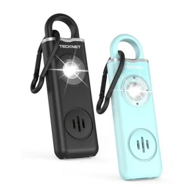 Immagine di TECKNET allarme personale, tascabile con sirena da 130 dB e luce di segnalazione LED, portachiavi ricaricabile USB Type C per donne, sicurezza bambini/donne/anziani (blu+nero)