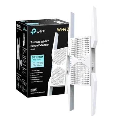 Immagine di TP Link WiFi 7 RE655BE Ripetitore Tri band BE9300Mbps, Porta 2.5G Ethernet, Potente per Casa, Compatibile con Tutti i Box Internet, 4 Antenne Esterne, Banda 6GHz, MLO