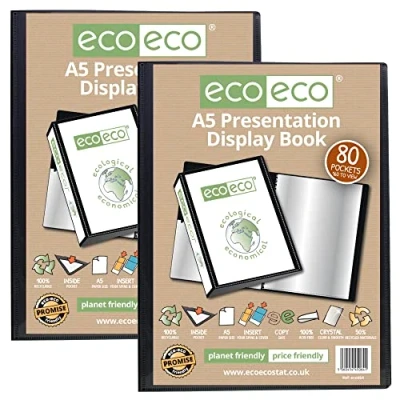 Immagine di eco Eco064x2 Raccoglitore per presentazioni, formato A5, 50% riciclato, 80 tasche, colore: nero, con buste in plastica, confezione da 2