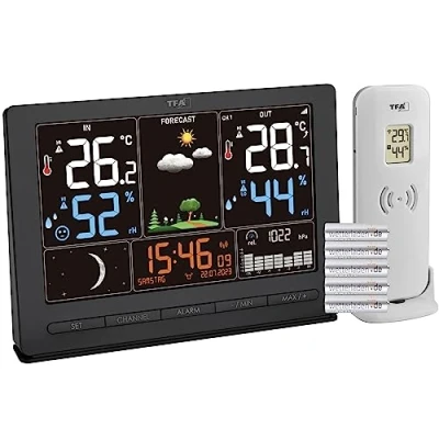 Immagine di TFA Dostmann Stazione meteo radio Season 2, 35.1118, con trasmettitore esterno, previsioni meteo, display a colori, temperatura e umidità, incluso orologio fase lunare, nero, batterie