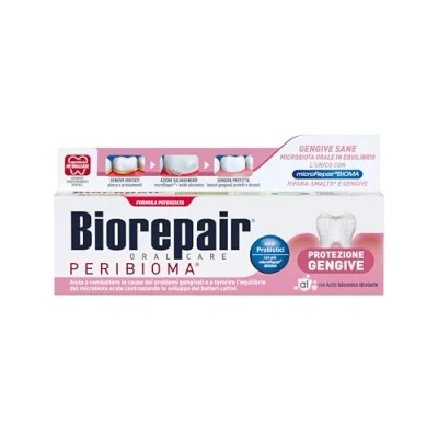 Immagine di Biorepair, Dentifricio Protezione Gengive Peribioma, Combatte e Previene Problemi Gengivali, con Probiotici, Acido Ialuronico Idratante, Senza Fluoro, 75 ml