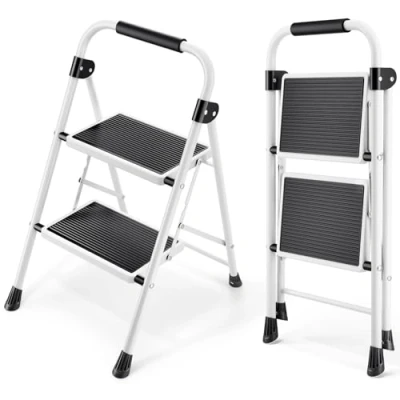 Immagine di KINGRACK scala a 2 gradini, pieghevole con pedale antiscivolo e largo, piccola maniglia, in acciaio robusta, leggera portatile, bianco