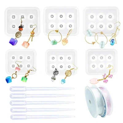 Immagine di Woohome 6 Pz Stampo Silicon, Stampi in Resina con Foro per Diamante, 5 Gocce, 2 Roll String Gioielli Orecchini Ciondoli Sfera Strumenti Fai da Te