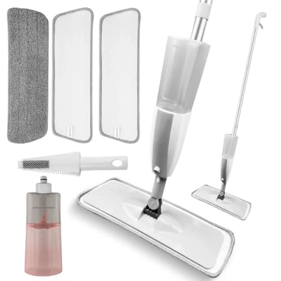 Immagine di Dunkwckore Mocio Lavapavimenti a Spruzzo, Scopa con 3 Panni in Microfibra e 1 Pennello Bottiglia Ricaricabile 410ml, Mop per Pulizia di Legno, Ceramica, Umido Asciutto
