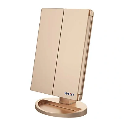 Immagine di WEILY Specchio Trucco con Luci, Ingranditore 1X/2X/3X, Led Tri Fold Touch Screen, da Tavolo Supporto USB e Batteria (Oro)