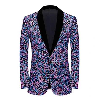 Immagine di PYJTRL Giacca da Uomo con Paillettes Lucide Classica Abito Floreale Moda, Adatta per Feste, Matrimoni, Banchetti, Balli,Multicolor,XS