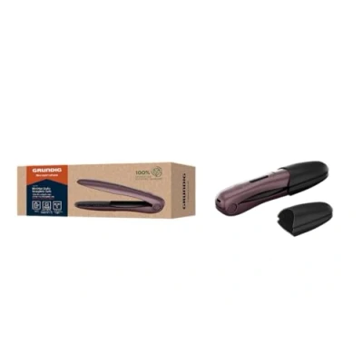Immagine di Grundig HS 6330 Mini piastra da viaggio, 3 livelli di temperatura (160/180/200 C), piastre piccole, rivestimento in ceramica, display LE, fino a 32 minuti, spegnimento sicurezza, colore: Viola