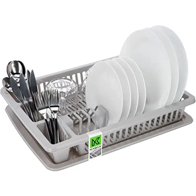 Immagine di KADAX Scolapiatti da Appoggio con Portaposate e Vaschetta Raccogligocce in Plastica, Cucina per Piatti Bicchieri (Grigio, 46.5 x 37 cm)