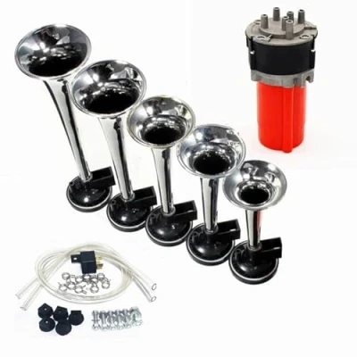 Immagine di YIYIDA tromba Musicale Strumento a cinque tubi avvisatore acustico clacson Multi frequenza suono rosso pompa aria personalità 12V Music Car Horn150DB altoparlante fischio corno