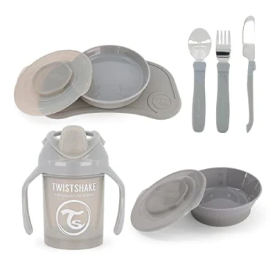 Immagine di Twistshake All in Need Mealtime Set di Stoviglie, 7 st 1x Tovagliette 31 x 17 cm, Piatto, Piatto con Divisore, 3x Posate Acciaio Inox, Mini Cup, 6+ Mesi, Unisex