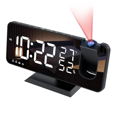 Immagine di Sveglia Digitale da Comodino con Proiettore, Fm Radio, Usb Doppi, 3 Livelli Luminosità, Snooze e 15 di Volume, 12/24h, Multifunzionale, per Camera Letto