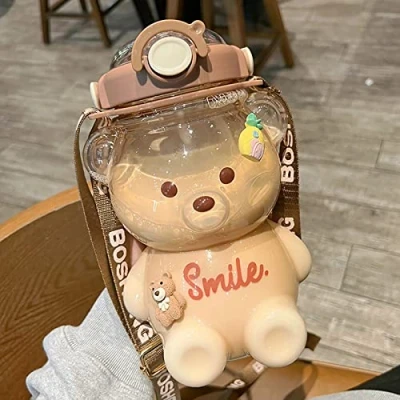 Immagine di Merrwon Borraccia a forma di orsetto Kawaii, con cannuccia e adesivi, prova perdite, tracolla, per ragazze, viaggi, scuola, 1 litro
