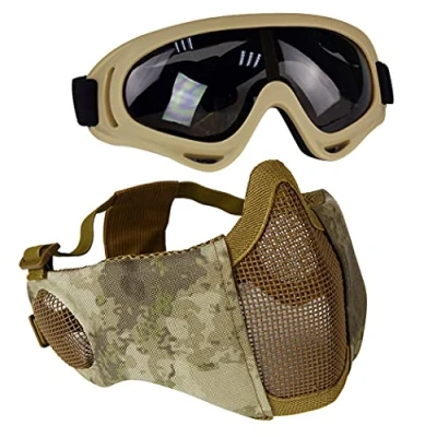 Immagine di Aoutacc Set di accessori protettivi per softair, maschera a metà viso in rete con protezione le orecchie, e occhialini CS / caccia paintball tiro, AT