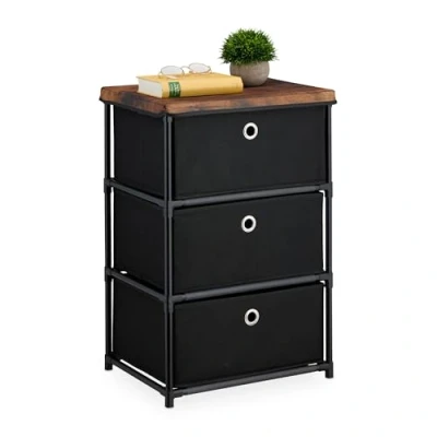 Immagine di Relaxdays Cassettiera in Stile Industriale, Comò con 3 Cassetti e Ripiano Tessuto, Metallo, 65x43x33 cm, Nero Marrone, Acciaio
