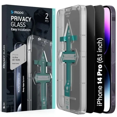 Immagine di Deppa [2 Pezzi Privacy Vetro Temperato iPhone 14 Pro (6.1&#039;) [a Copertura Totale] con Kit per Installazione Facile Anti Spy Spia Opaca Pellicola, Vetrino, Protezione, Schermo