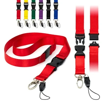 Immagine di Lanyards Tomorrow.co.uk Rosso Cordini piatti staccabili da 2 cm, con fibbia, chiusura a strappo di sicurezza, clip in metallo e porta badge per cordino identificativo Pacco 100 pezzi unità