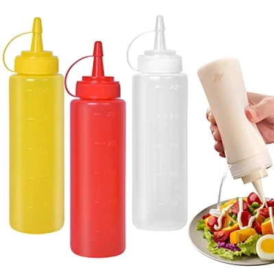 Immagine di smatime 3 Pz Bottiglia Squeeze di Plastica Spremere Squirt condimento Bottiglie Flacone Dosatore con Tappi Dispenser per Ketchup, Senape, Mayo, Salse piccanti (250ML)