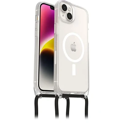 Immagine di Otterbox Cover React Necklace con MagSafe per iPhone 14 Plus, Custodia sottile, antishock cordone da collo, adattabile e intercambiabile, testata a norme MIL STD 810G, Trasparente