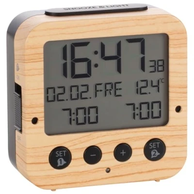 Immagine di TFA Dostmann Bingo 60.2528 Sveglia radio con retroilluminazione automatica, data, visualizzazione della temperatura e due sveglie, lunghezza 81 x larghezza 33 altezza mm, effetto legno, tasti