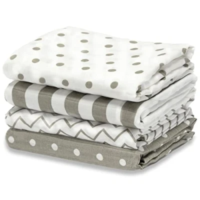 Immagine di Cuddlebug Copertina Neonato in Mussola (4 Pezzi) Coperte 100% di Cotone per Neonato, Morbide e Traspiranti, Teli Multiuso Neonati (Spots n&#039; Stripes)