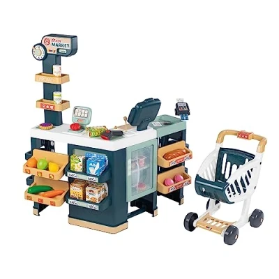 Immagine di Smoby Supermercato Maxi con carrello Registratore di cassa senza funzione reale, zona insaccamento, lettore codici a barre, bilancia, frigorifero e 50 accessori, giocattolo per bambini