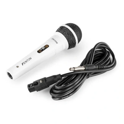 Immagine di Fenton DM100W Microfono dinamico cablato, Bianco, Cavo di 3 metri, Jack 6,35 mm maschio, interruttore on/off, Impedenza: 600 ohm