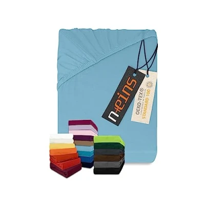 Immagine di npluseins Lenzuolo con angoli elasticizzati, classico, in jersey, diversi colori e misure, 100% cotone, 159,192, 80 90 x 190 cm, azzurro