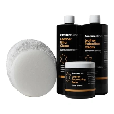 Immagine di Furniture Clinic Kit di restauro completo in pelle (cammello) Contiene balsamo per la ricolorazione della pelle, crema protettiva, detergente, spugna e applicatore