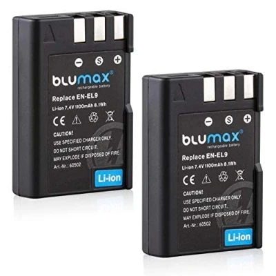 Immagine di 2 batterie Blumax, compatibili con Nikon EN EL9e/EN EL9a, da 1100 mAh, adatte per D3000, D5000, D40, D40x, D60
