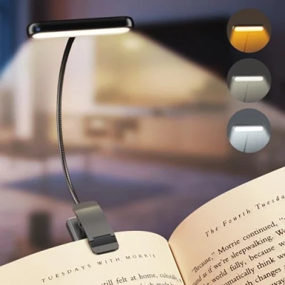 Immagine di iFalarila Luce da Lettura Ricaricabile con Cavo Tipo C, 12 LED Lampada Clip [3 Colore e 10 Luminosità] Lampade libro Letto Flessibile a Collo d&#039;oca Piccola per Bambini