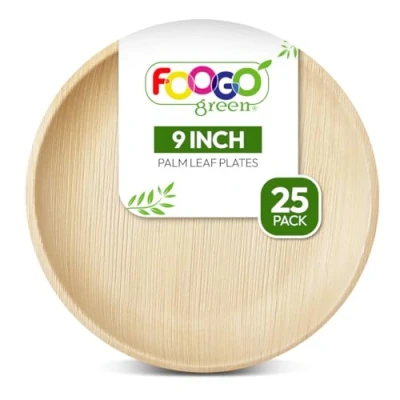Immagine di FOOGO Green 25 Piatti Monouso in Foglia di Palma, 9&quot; (23 cm) Grandi e Rotondi, Ecologici, Biodegradabili, Compostabili, Simili a Legno, Carta, per Cibi Caldi, da Picnic