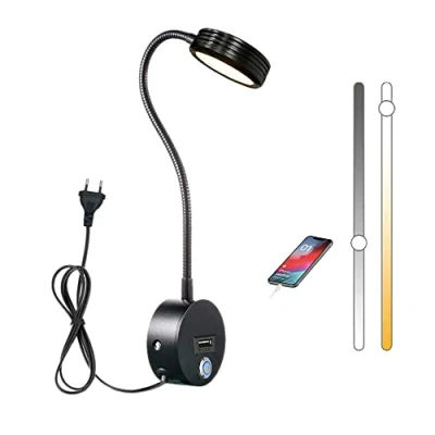 Immagine di LED Lampada da Lettura Muro, 5W Luce Comodino Dimmerabile Con Porta di Ricarica USB, a Collo D&#039;oca Flessibile della Camera Letto Touch Control, Interni Applique per (Nero)