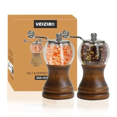 Immagine di Set 2 macina sale e pepe, Macinino manuale in legno massiccio per macinare pepe sale, Nucleo di macinazione ceramica grana regolabile, spezie (Colore antico 2pcs 5in)