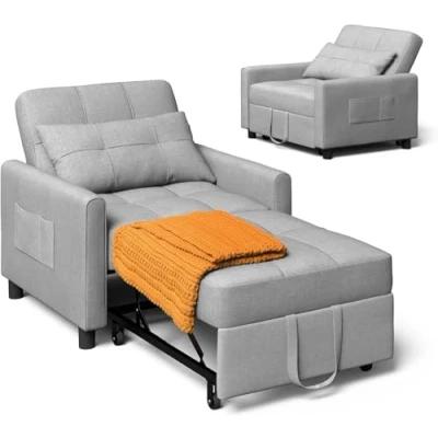 Immagine di Xbro poltrona letto convertibile 3 in 1, sedia a con funzione letto, divano regolabile cuscino e borsa, sonnolenza per piccolo appartamento (grigio chiaro)