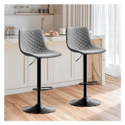 Immagine di STOOLINK Set di 2 Sgabello da Bar Sedia Pelle in Microfibra, Sgabelli Cucina Regolabile Altezza e Girevole a 360, con Schienale Poggiapiedi Grigio